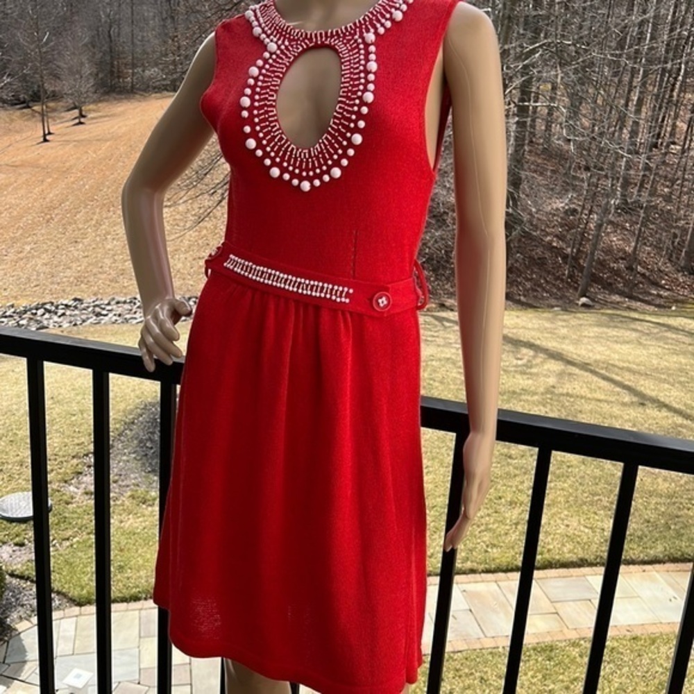 Nanette Lepore, sexy red knit sleeveless dress with white beaded detail